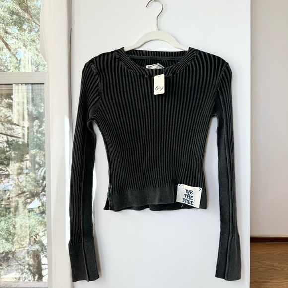 NWT Free People We The Free Between The Lines Rib Sweater Long Sleeve in Black - Picture 4 of 10